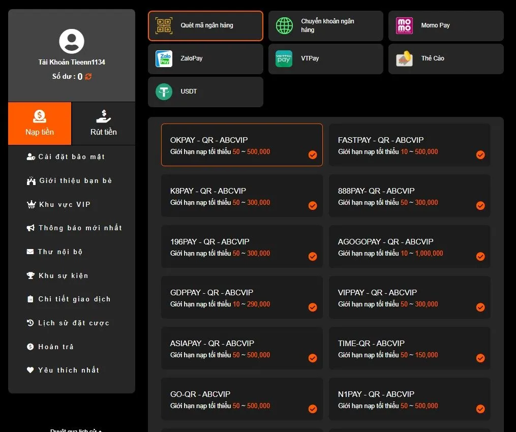Nạp tiền U888 qua QR Code